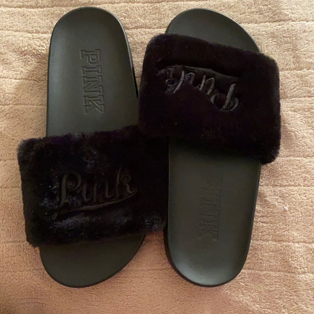 Pink fuzzy slides